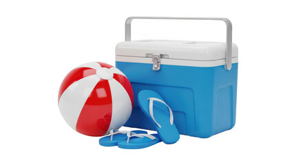 Blue and white cooler with red and white beach ball and flip flops isolated on transparent background