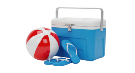 Blue and white cooler with red and white beach ball and flip flops isolated on transparent background