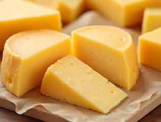 Sliced and whole blocks of yellow cheese with holes on parchment paper dairy food and drink