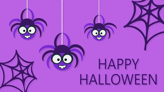 Halloween spiders and web on purple background, cute spider animation design. Available in FullHD and 4K video