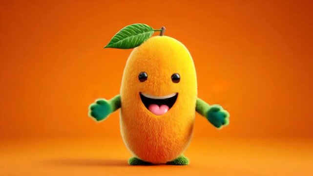 A smiling, fluffy mango character with arms and legs, leaf on top, orange background