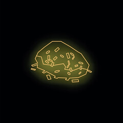 Crumbling gold nugget revealing smaller gold pieces, glowing yellow neon icon isolated on black background