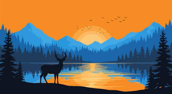 Deer silhouette stands by lake at sunset mountain view