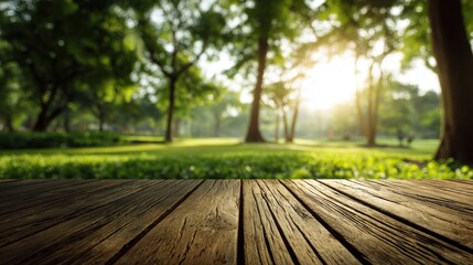 Sunlight filtering through lush green trees in a park with a rustic wooden table in the foreground