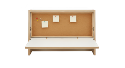 Compact fold down wall mounted desk with notice board and shelving isolated on transparent background