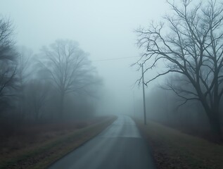 Obraz premium Winding rural road disappearing into thick fog with bare trees and power lines mist country