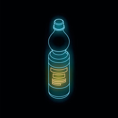 Glowing neon blue plastic bottle with yellow label on black background, isometric view
