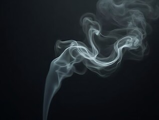 Wisps of white smoke swirling and curling against a dark black background steam vapor dark background