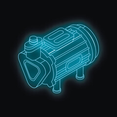 Electric water pump with glowing blue neon light on black background, isometric view