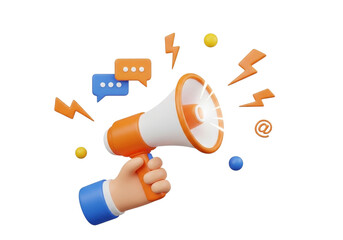 A 3d rendered hand holding an orange and white megaphone with sound waves and icons, isolated on transparent background