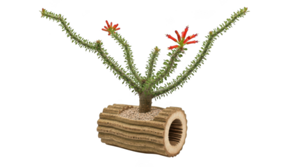 Unique desert plant with orange flowers in a rustic log planter isolated on transparent background
