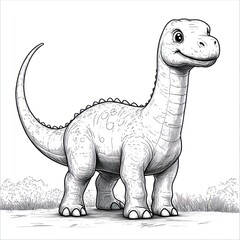 Fototapeta premium A delightful dinosaur character smiles in a vibrant, grassy area under a blue sky