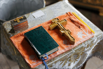 Orthodox Bible and Cross on Altar Table