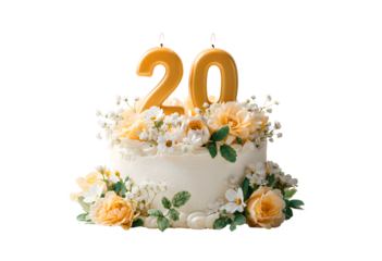Birthday cake with candles-numbers transparent background for designers, marketers and IT professionals. Popular illustration, object, texture. Food, flowers, natural space for text. Positive.