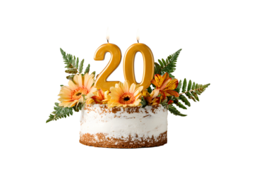 Birthday cake with candles-numbers transparent background for designers, marketers and IT professionals. Popular illustration, object, texture. Food, flowers, natural space for text. Positive.