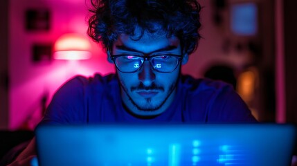 Focused professional working late into the night on laptop with modern neon lighting, intense concentration in a dimly lit space