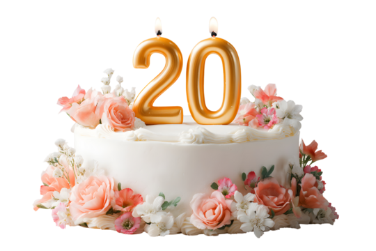 Birthday cake with candles-numbers transparent background for designers, marketers and IT professionals. Popular illustration, object, texture. Food, flowers, natural space for text. Positive.
