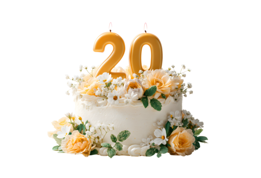 Birthday cake with candles-numbers transparent background for designers, marketers and IT professionals. Popular illustration, object, texture. Food, flowers, natural space for text. Positive.
