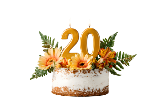 Birthday cake with candles-numbers transparent background for designers, marketers and IT professionals. Popular illustration, object, texture. Food, flowers, natural space for text. Positive.