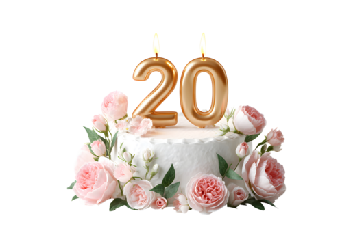Birthday cake with candles-numbers transparent background for designers, marketers and IT professionals. Popular illustration, object, texture. Food, flowers, natural space for text. Positive.