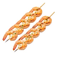 Grilled Skewered Shrimp Isolated on White or Transparent Background