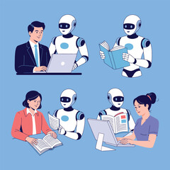 Robots collaborating with humans in business and education settings diverse scenarios illustration
