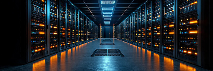 Modern data center interior showcasing numerous server racks Generative AI