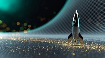 Futuristic 3D rocket launching with glowing sparks symbolizing innovation, technology, startup growth, digital success and space exploration, cinematic metallic design on dark background