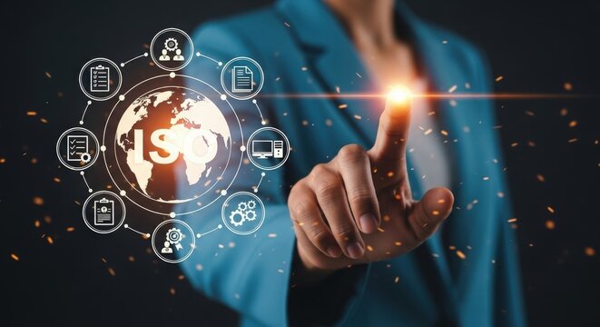 Business person touching iso certification standard process on virtual screen display