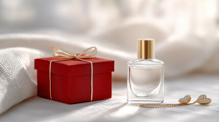 A red gift box sits next to a clear glass perfume bottle and a pair of elegant earrings, all displayed on a soft, textured fabric, creating a luxurious and thoughtful gift arrangement.