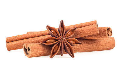 Cinnamon sticks and anise star isolated on a white background. Christmas spices.