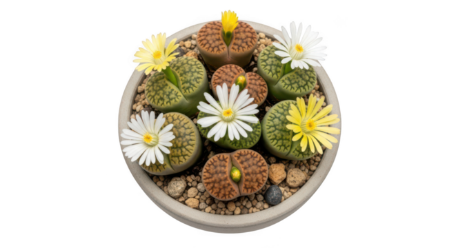 Living stones succulent plants with white and yellow flowers in a pot isolated on transparent background