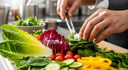 Salad preparation with fresh vegetables and herbs