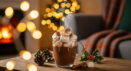 Cozy christmas scene featuring hot chocolate with marshmallows by the fireplace
