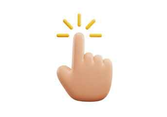 3d cartoon hand cursor clicking with yellow rays, representing selection and interaction isolated on transparent background