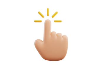 3d cartoon hand cursor clicking with yellow rays, representing selection and interaction isolated on transparent background