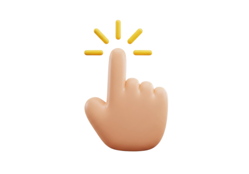 3d cartoon hand cursor clicking with yellow rays, representing selection and interaction isolated on transparent background