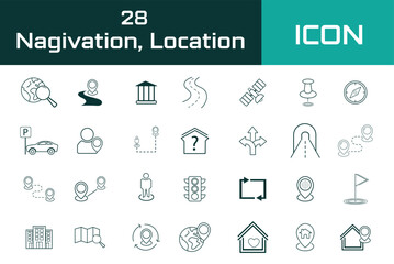 Modern and clean vector navigation and location icon set featuring map pins, route arrows, GPS markers and compass symbols. Perfect for mobile app UI, digital maps, travel platforms and dashboard inte