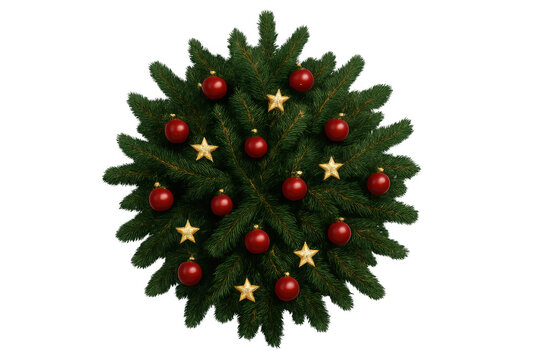 Christmas tree top view, decorated with red baubles and gold stars, transparent background
