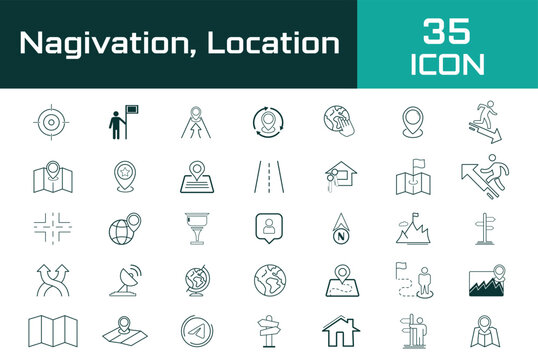 Professional vector icons representing navigation and location tools such as map pins, direction arrows, GPS markers and route guides. Designed for travel apps, map interfaces, delivery tracking syste