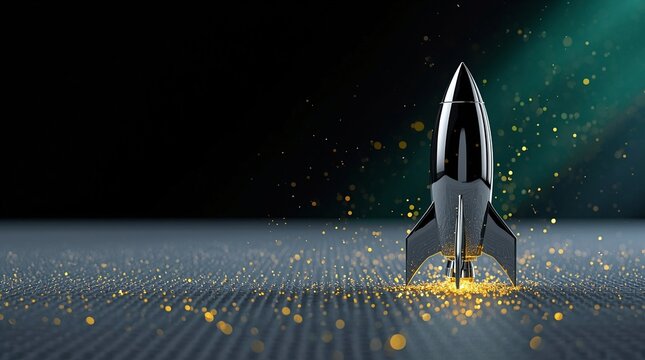 Futuristic metallic rocket launching with glowing golden sparks symbolizing startup success, innovation, crypto growth and business expansion, 3D render with dark background and cinematic lighting