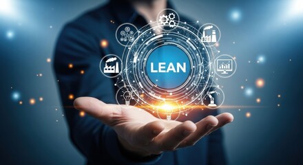 Fototapeta premium A man holding a digital display of the word lean and business icons