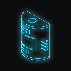Isometric view of a protein powder container glowing with neon blue light on a dark background