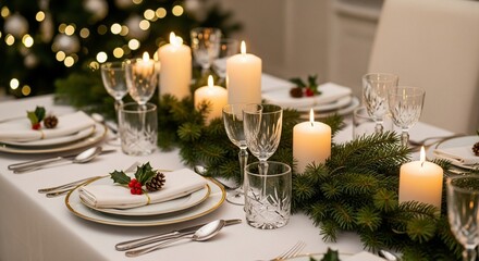 Fototapeta premium Elegant christmas dinner table setting with candles and festive decorations