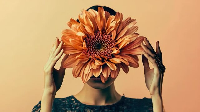 A woman covering her face with a flower, exploring themes of modesty and vulnerability