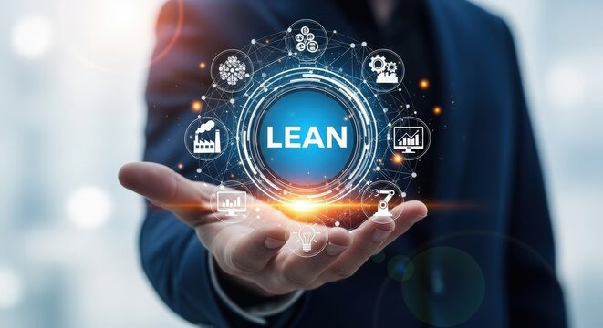 A man holding a digital display of the word lean and business icons