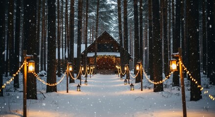 Enchanting winter cabin in the forest with lantern lights and falling snow