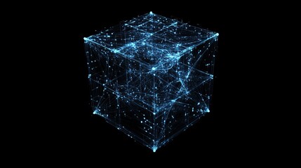 Stunning digital cube with interconnected lines and glowing nodes representing network data flow and modern technology on black background