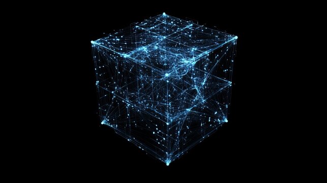 Stunning digital cube with interconnected lines and glowing nodes representing network data flow and modern technology on black background - Powered by Adobe