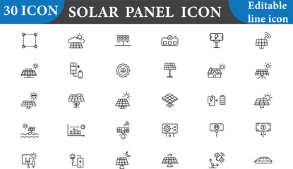 A set of solar panel icons for renewable energy. These icons represent clean energy, sustainable technology, and environmental responsibility. Vector illustration, isolated. © husnutShumon